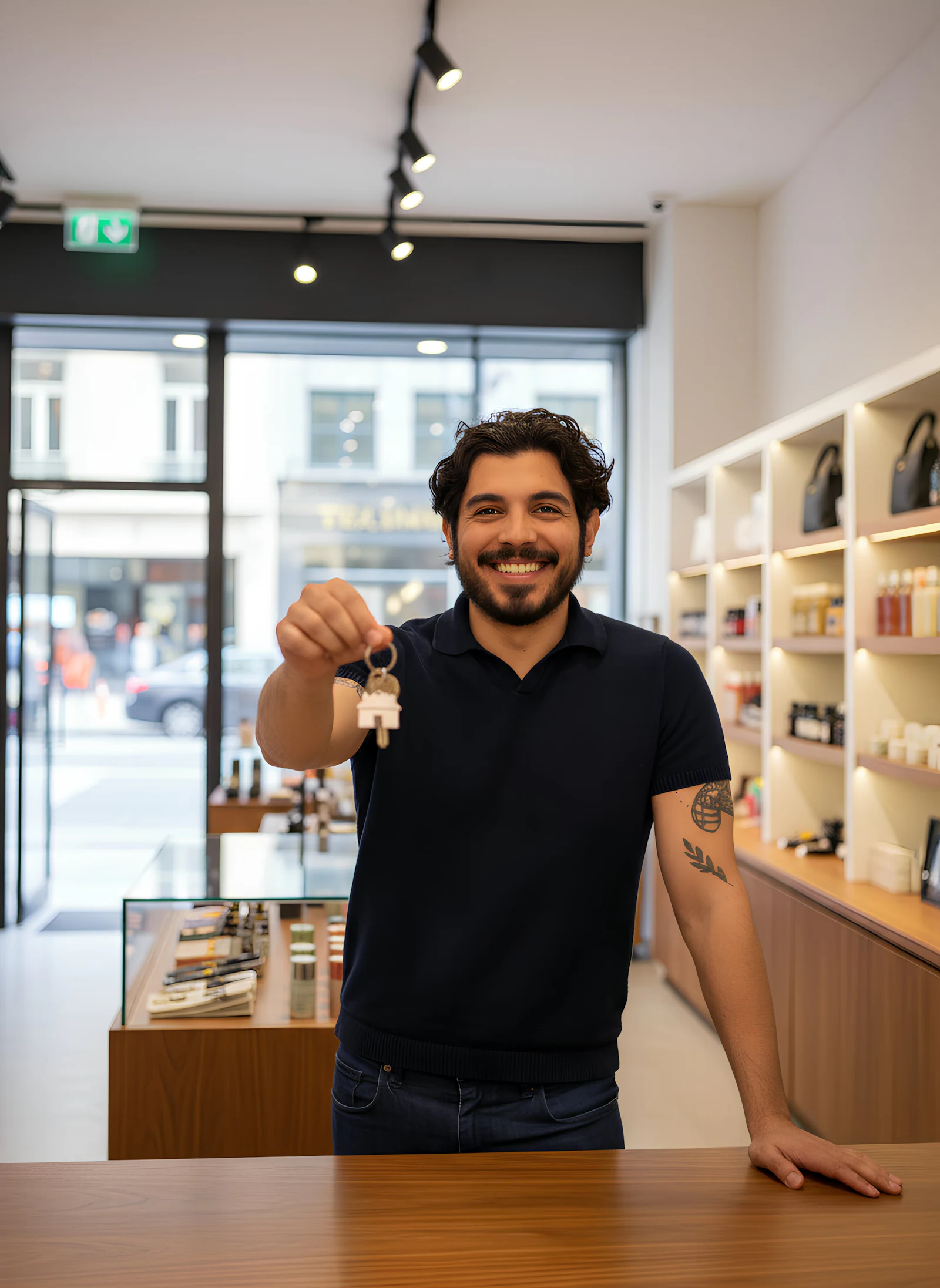 Store owner smiling behind the counter of a small shop, holding up a set of keys