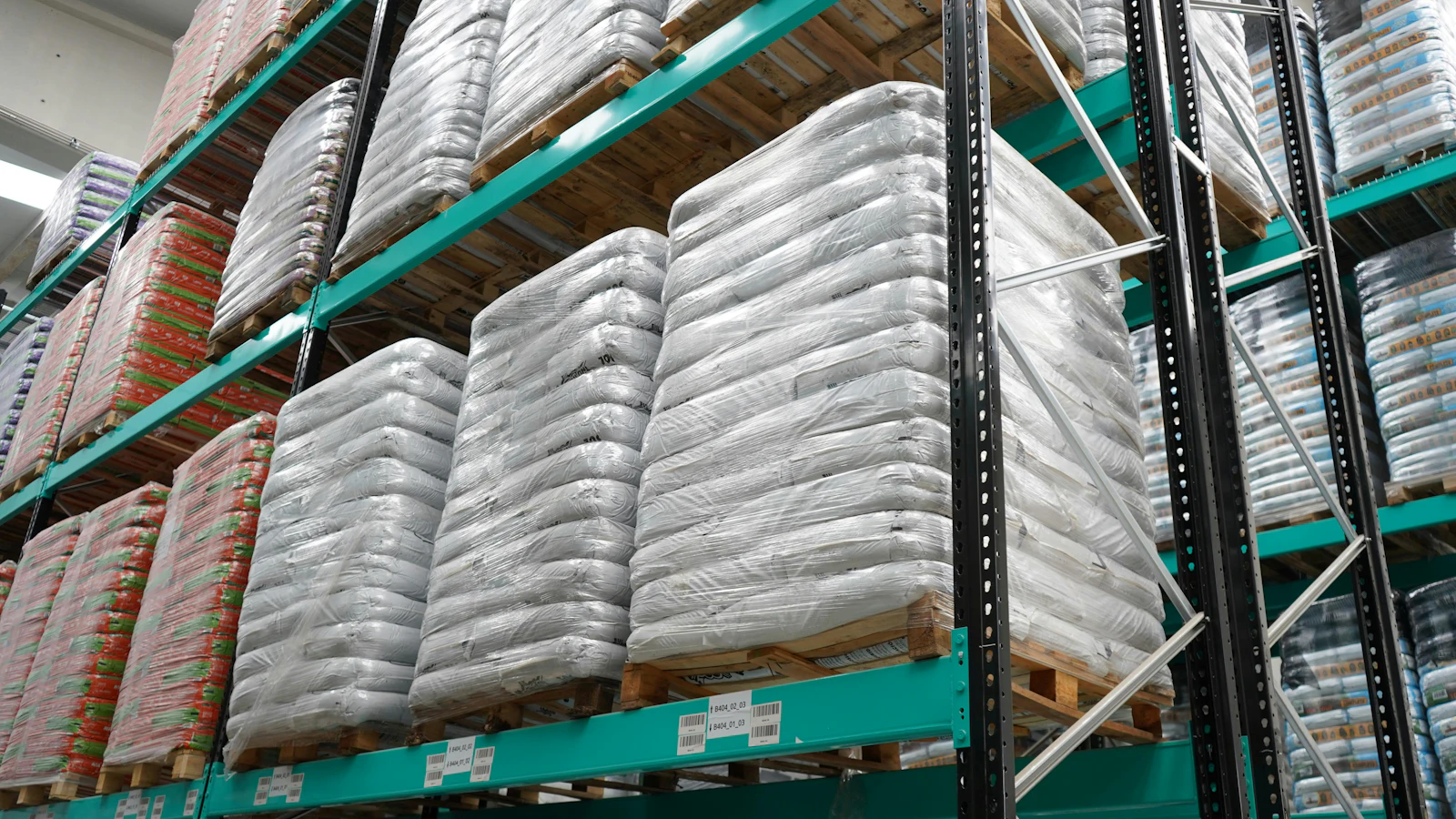 Stretch-wrapped pallets of bagged goods stored in pallet racking